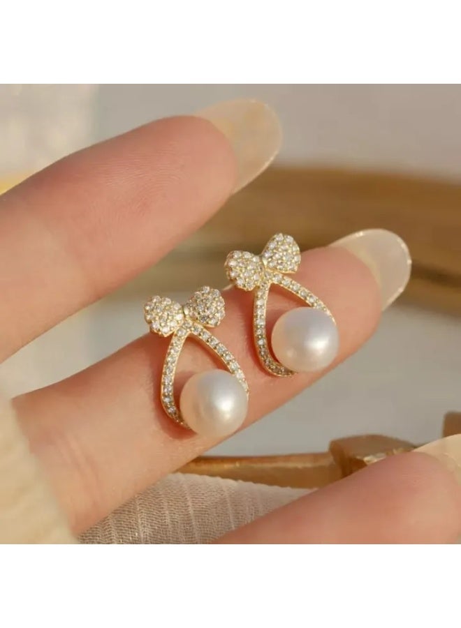 Ucanbe Delicate Bow Pearl Stud Earrings | S925 Silver Needle | Minimalist & Elegant for Women - Image 3